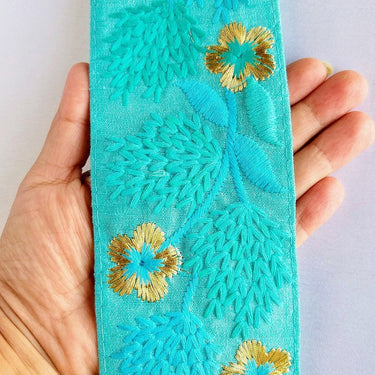 Cyan Blue / Green / Pink / Black /Blue / Beige And Gold Floral Embroidery Trim, Indian Embroidered Trim, Approx. 75mm wide